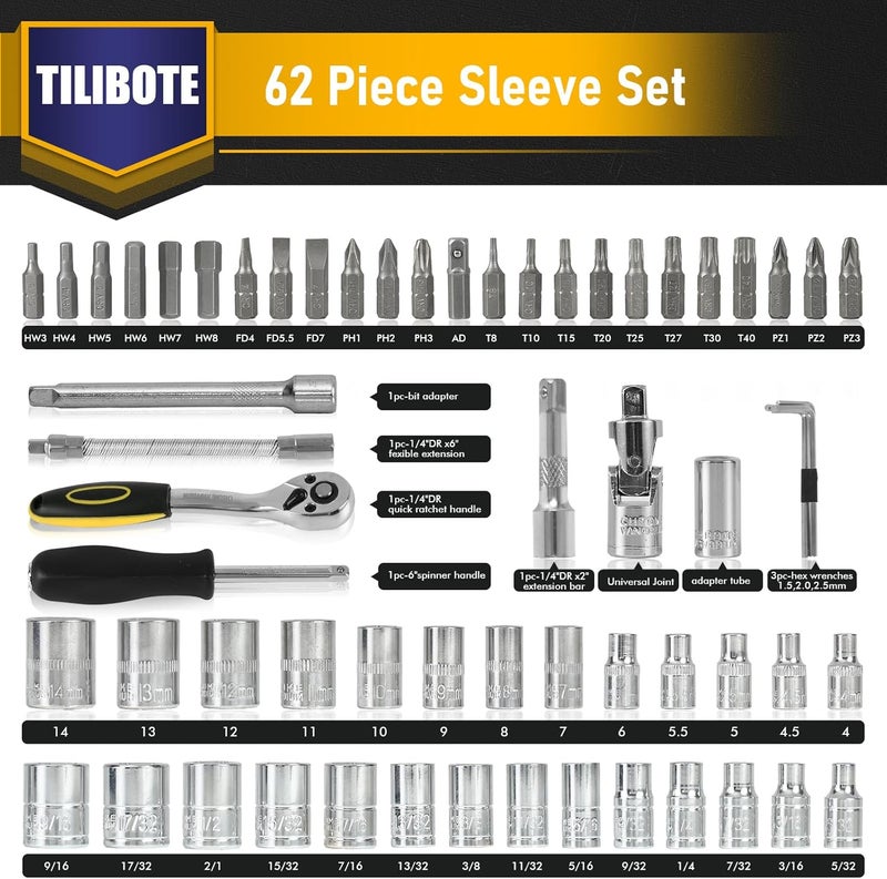 TILIBOTE مجموعة مفاتيح ربط، 62 قطعة 1/4" مجموعة مفاتيح ربط مع 72 سن، SAE وميتر من 5/32" - 9/16"، 4 مم - 14 مم، مجموعة أدوات للمنزل والسيارة، دراجة نارية، إصلاح دراجة - Image 2